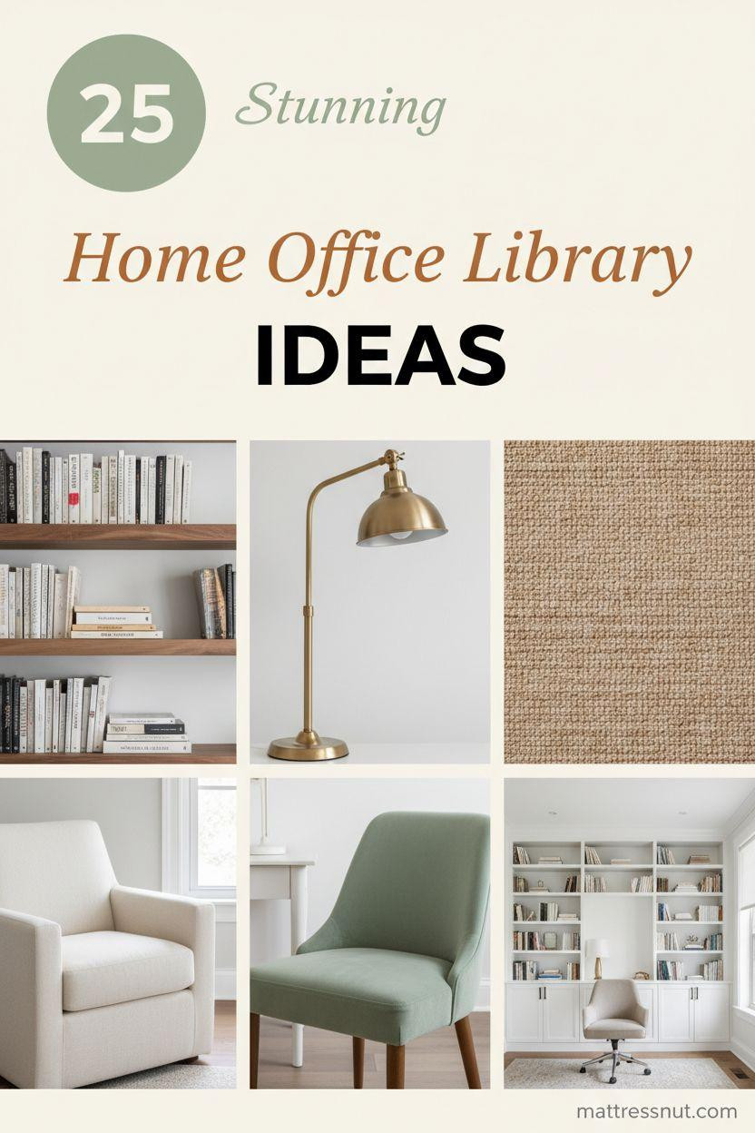 Pinterest board cover collage with sage green circular badge featuring '25', overlaid text 'Stunning' in cream cursive, 'Home Office Library' in cognac serif, 'IDEAS' in bold black caps. Asymmetric grid shows walnut shelves with books, cream linen chair, brass lamp glow, sage velvet chair, jute rug on ivory background with brass accents.