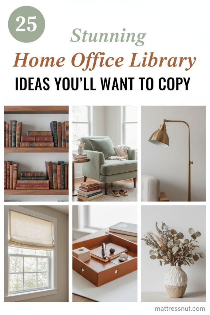 Professional Pinterest board cover featuring a sage green badge with '25', overlaid text 'Stunning Home Office Library IDEAS YOU'LL WANT TO COPY', and a 2x3 collage of walnut shelves with books, sage velvet chair, brass lamp, linen shade, leather tray, and eucalyptus vase on white background.