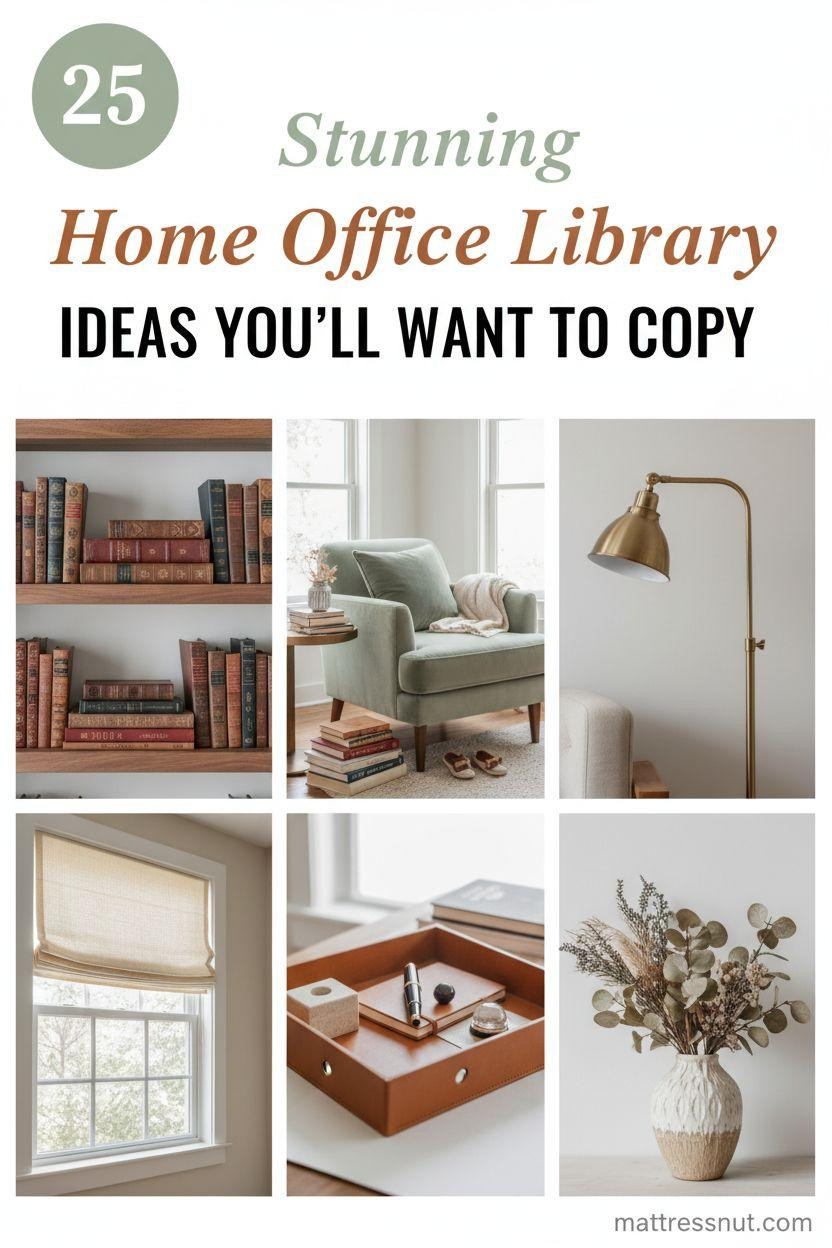Professional Pinterest board cover featuring a sage green badge with '25', overlaid text 'Stunning Home Office Library IDEAS YOU'LL WANT TO COPY', and a 2x3 collage of walnut shelves with books, sage velvet chair, brass lamp, linen shade, leather tray, and eucalyptus vase on white background.