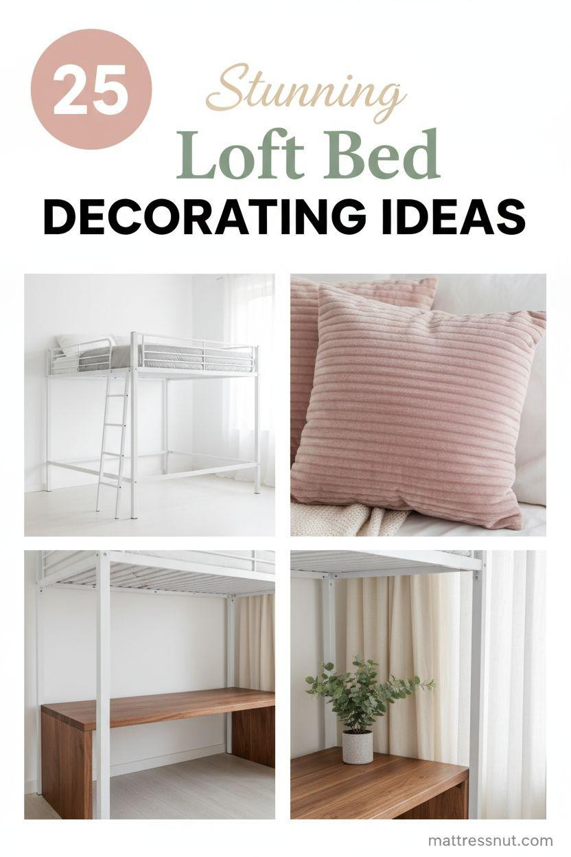 Pinterest collage showcasing modern white metal loft bed with ladder, blush pink velvet pillow, walnut wood desk below, sage green eucalyptus plant, and cream linen curtains on cloud white background, featuring tiered text overlay and pink badge with 25.