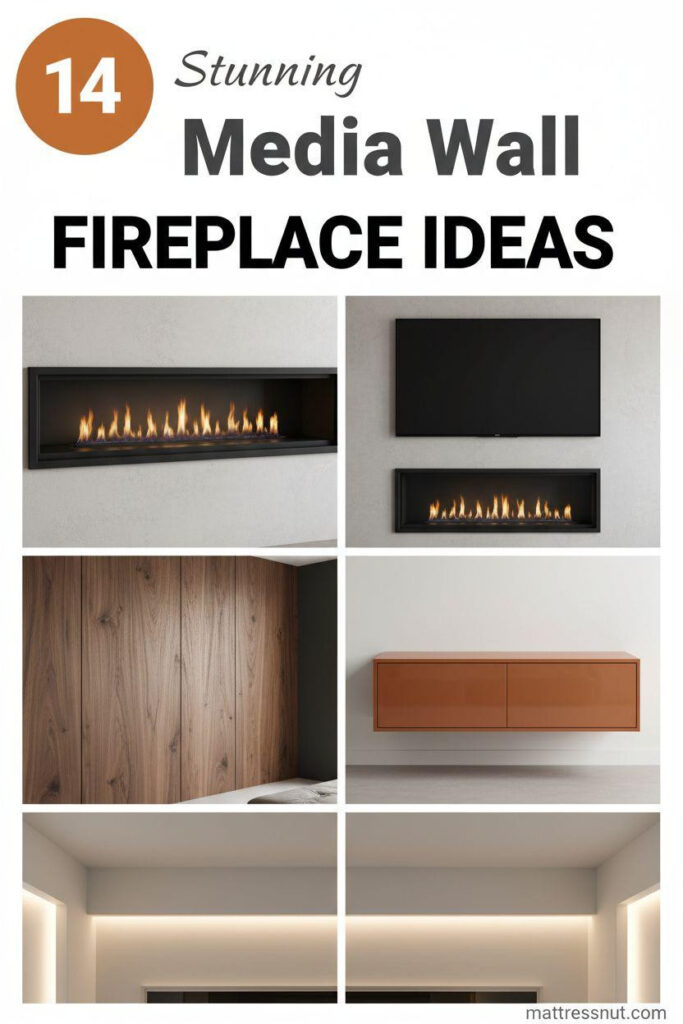 Contemporary media wall collage featuring modern linear fireplace with flames, mounted flat-screen TV, walnut wood paneling, burnt orange floating console, and warm LED lighting, accented by orange badge with '14' and bold text overlays for Pinterest-ready thumbnail.