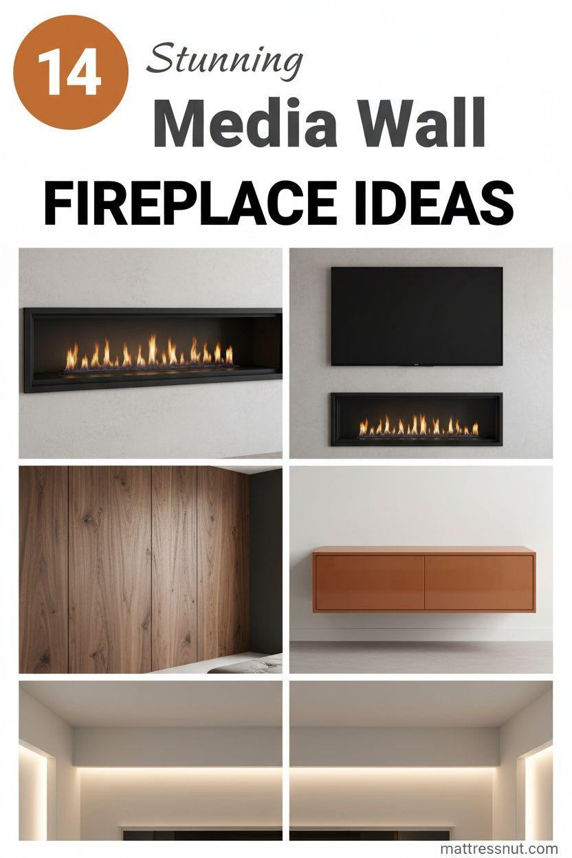 Contemporary media wall collage featuring modern linear fireplace with flames, mounted flat-screen TV, walnut wood paneling, burnt orange floating console, and warm LED lighting, accented by orange badge with '14' and bold text overlays for Pinterest-ready thumbnail.