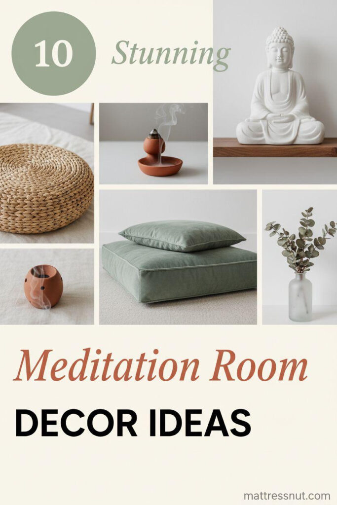 Collage Pinterest cover featuring circular sage green badge with '10', elegant 'Stunning Meditation Room' text overlay, and bold 'DECOR IDEAS'. Includes rattan cushion, terracotta incense holder, sage green pillow, white Buddha statue, and eucalyptus bundle in minimalist bohemian palette of sage green, terracotta, ivory, walnut, and white.