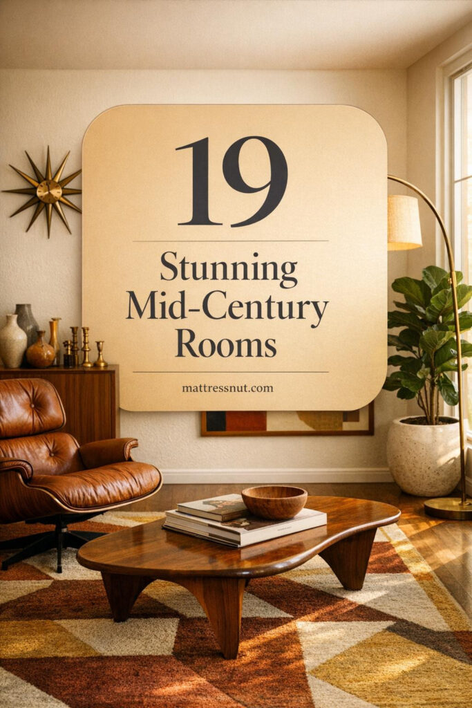 Sophisticated mid-century modern living room with walnut credenza, cognac leather Eames lounge chair, teak coffee table, geometric rug in rust and mustard tones, brass accents, fiddle leaf fig plant, and warm ambient lighting through large windows.
