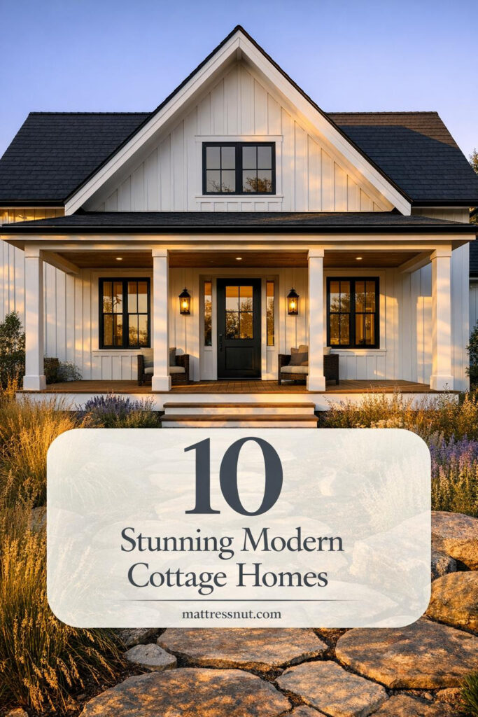 Charming modern cottage with crisp white board-and-batten siding, black-framed windows, steep gabled roof in charcoal shingles, and welcoming covered porch on white oak decking. Native perennial grasses and fieldstone path surround it, bathed in warm golden hour sunlight casting long shadows. Elegant overlay reads '10 Stunning Modern Cottage Homes'.