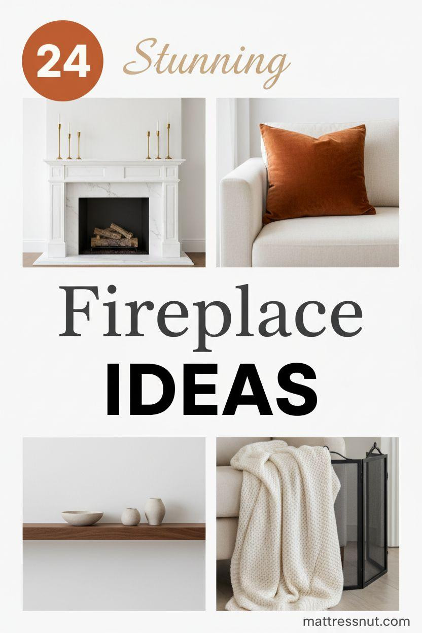Collage featuring a modern white marble fireplace mantel with brass candlesticks, burnt orange velvet pillow on cream sofa, walnut wood shelf with minimal decor, and ivory knit throw, overlaid with elegant text 'Stunning Fireplace IDEAS' and orange badge with '24'.