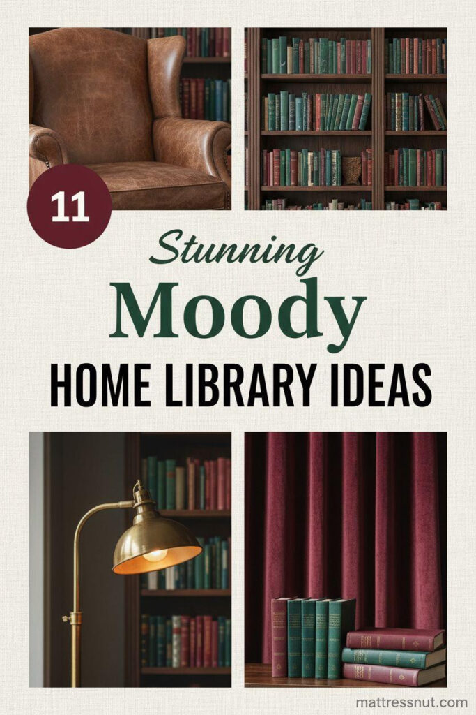 Pinterest board cover collage with burgundy circular badge showing '11', elegant cream cursive 'Stunning', deep green italic 'Moody', and bold caps 'HOME LIBRARY IDEAS'. Features chocolate leather wingback chair, dark walnut bookshelves, brass lamp glow, burgundy velvet curtain, and hardcover book stack on ivory background.