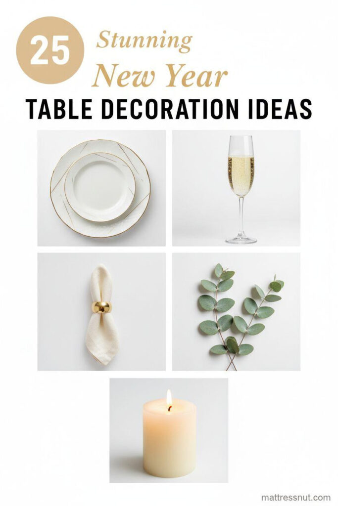 Elegant Pinterest board cover collage with gold badge displaying '25' in top-left, overlaid text 'Stunning' in cursive, 'New Year' in italic serif, and 'TABLE DECORATION IDEAS' in bold caps. Features gold-rimmed porcelain plate, crystal champagne flute with bubbles, ivory napkin with gold ring, eucalyptus sprigs, and glowing cream pillar candle on clean white background.