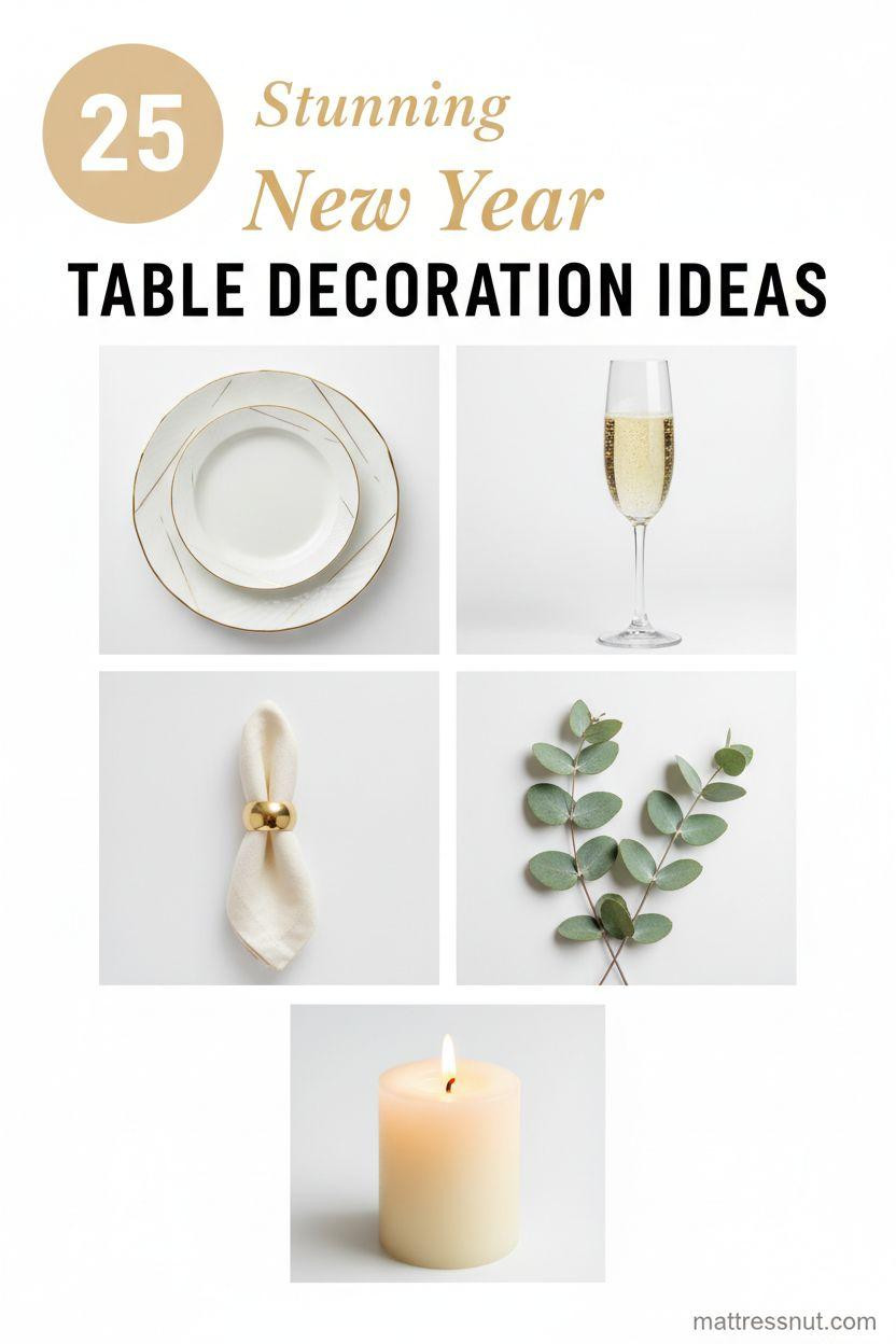 Elegant Pinterest board cover collage with gold badge displaying '25' in top-left, overlaid text 'Stunning' in cursive, 'New Year' in italic serif, and 'TABLE DECORATION IDEAS' in bold caps. Features gold-rimmed porcelain plate, crystal champagne flute with bubbles, ivory napkin with gold ring, eucalyptus sprigs, and glowing cream pillar candle on clean white background.