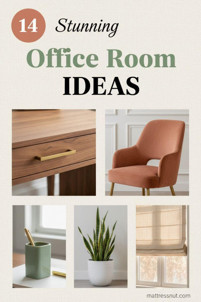 Circular badge featuring '14' in top-left corner with terracotta hues, overlaid elegant text 'Stunning Office Room IDEAS'. Collage showcases walnut wood desk, velvet chair, sage green organizer, cream linen shade, and snake plant on clean ivory background for balanced professional aesthetic.