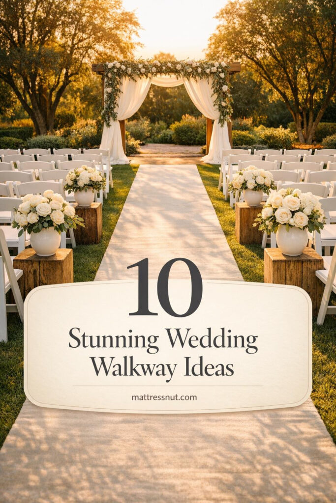 Elegant garden pathway for outdoor wedding ceremony, lined with symmetric white folding chairs on lush green lawn, ivory linen aisle runner leading to wooden arbor draped in white fabric and eucalyptus garlands, markers with cream roses and hydrangeas on pedestals, warm late afternoon sunlight glow, manicured landscape background, overlaid with refined text '10 Stunning Wedding Walkway Ideas'.