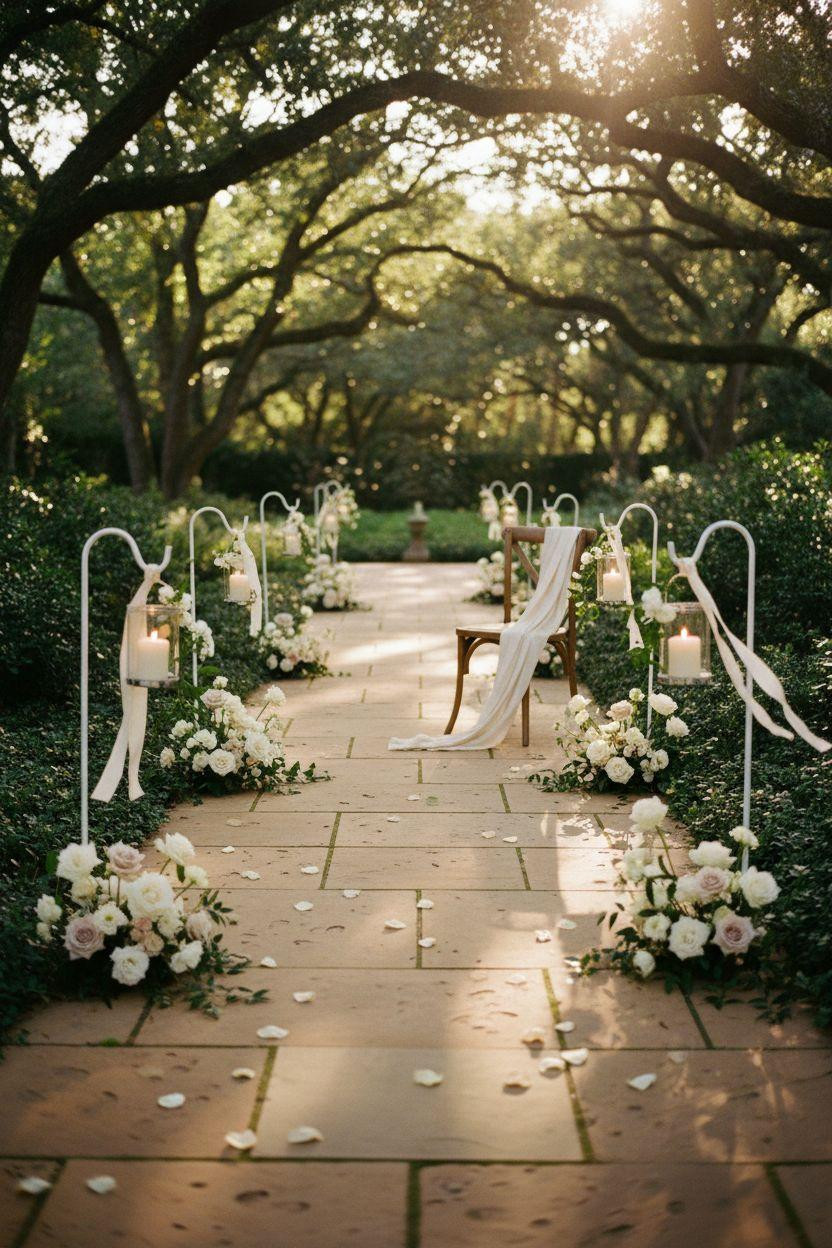 Wedding Walkway - backyard garden with white shepherd's hooks and glass lanterns