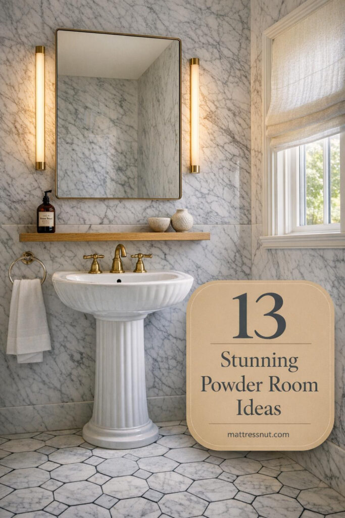 Sophisticated powder room featuring honed Carrara marble walls with gray veining, white porcelain pedestal sink, unlacquered brass faucet, large frameless mirror with brass sconces, floating white oak vanity, hexagonal marble floor, and sheer linen shade filtering natural light, overlaid with 13 Stunning Powder Room Ideas in refined typography.