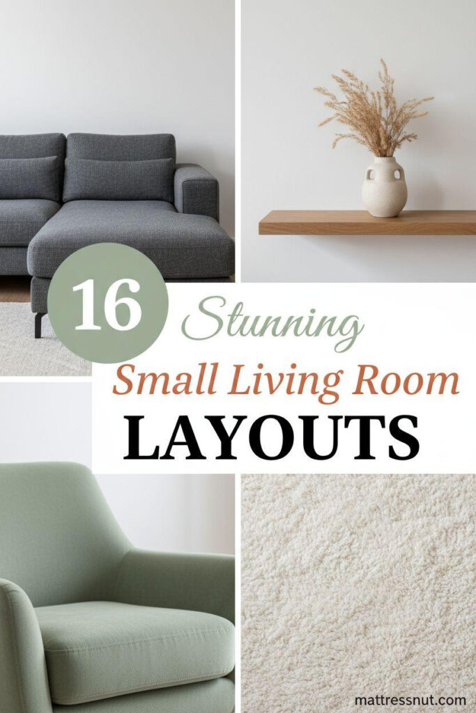 Pinterest board cover featuring circular badge with '16' in soft sage green, elegant text overlay 'Stunning Small Living Room LAYOUTS' in cream, terracotta and black fonts. Asymmetric grid collage includes modern gray linen sectional sofa, oak floating shelf with vase, sage velvet accent chair, and cream shag rug texture. Minimalist magazine aesthetic with cloud white, sage green, terracotta, gray, oak and cream palette for compact space inspiration.