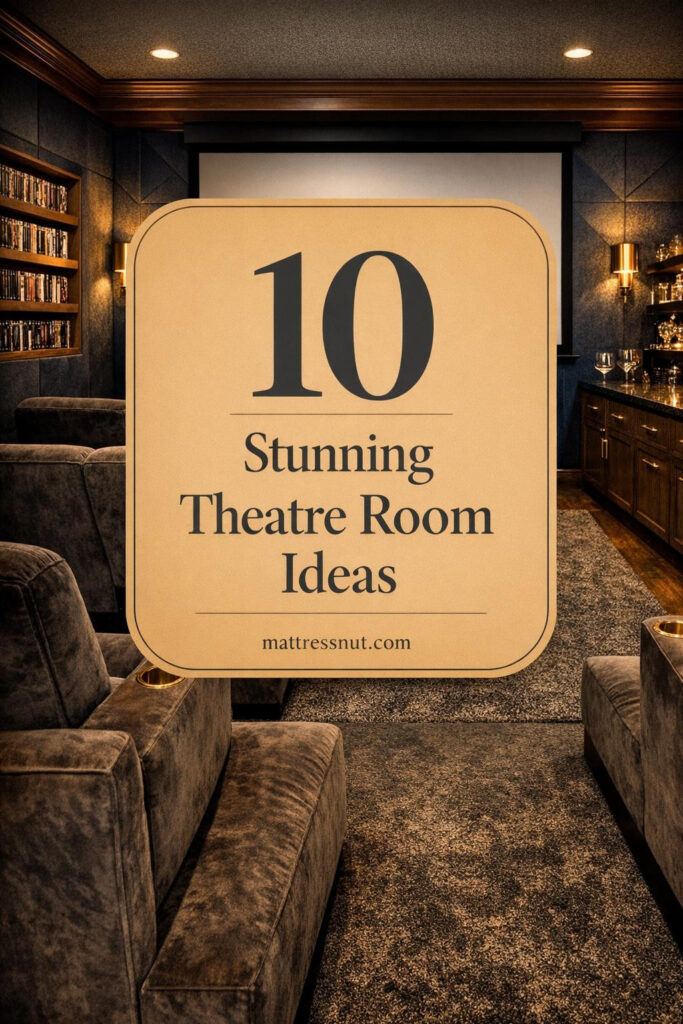 Elegant private theatre room featuring plush charcoal velvet tiered seating, deep navy acoustic paneled walls, custom white oak shelves with curated film collection, warm brass sconce lighting, honed black granite wet bar, thick wool rug, and professional projection screen with overlay text.
