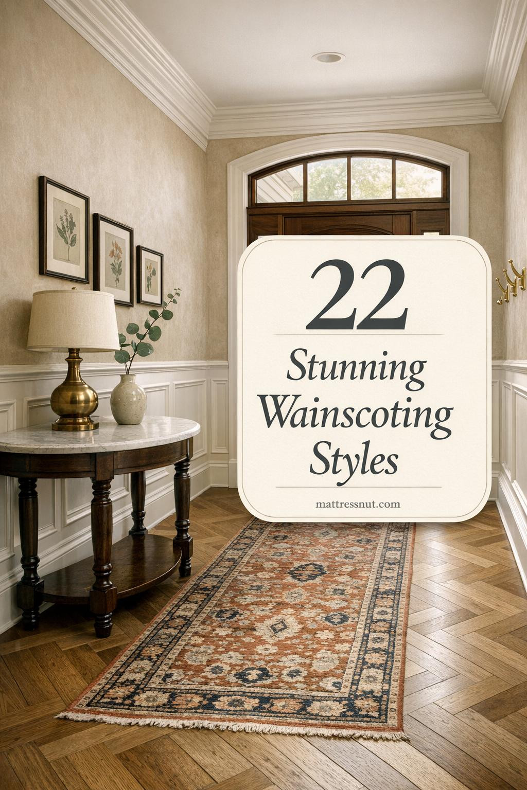 Elegant foyer entrance with refined white wainscoting panels, geometric detailing, herringbone white oak hardwood floors, warm greige plaster walls, morning light through transom window, vintage Persian runner, marble console table, brass lamp, and botanical gallery wall.