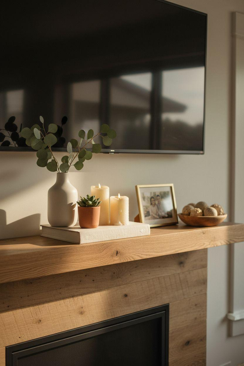 Corner Fireplace Living Room Layout mantel styling with greenery