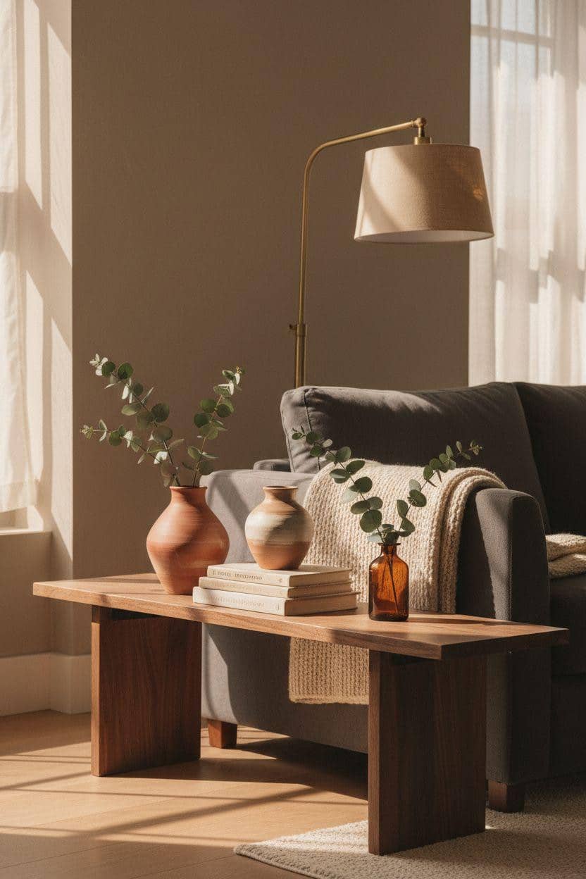 Shelf Decor Living Room - floating walnut shelf with eucalyptus stems and cozy throw