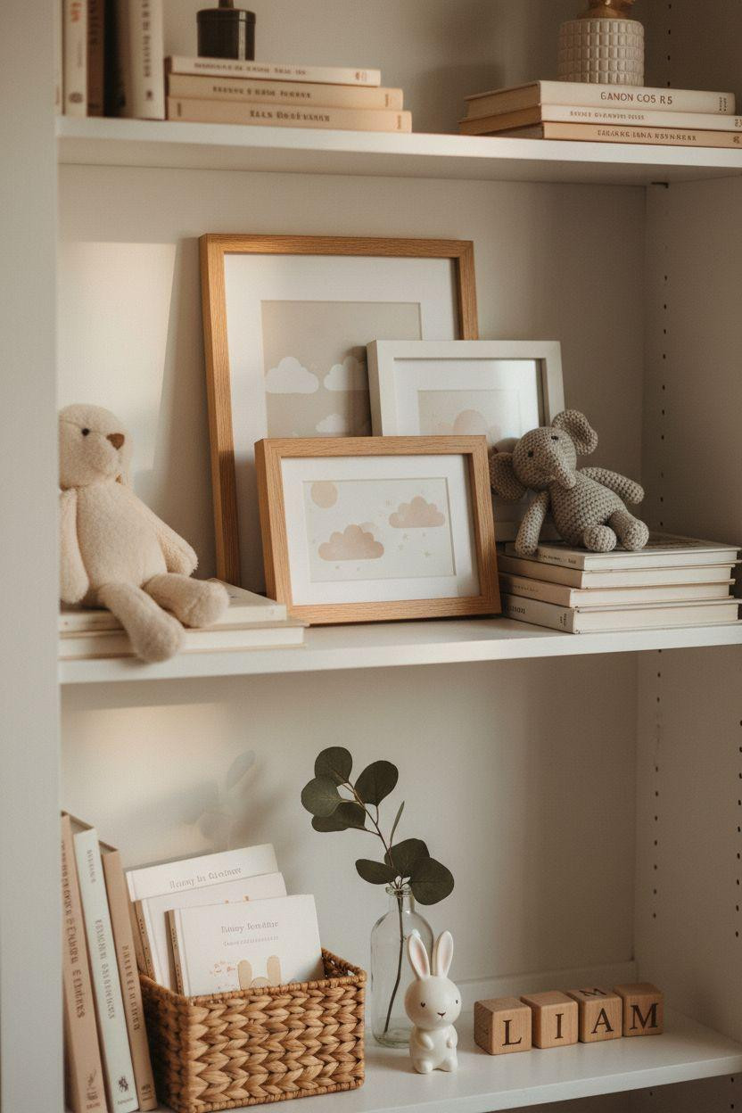 Nursery Bookshelf with frames, toys, and neutral decor