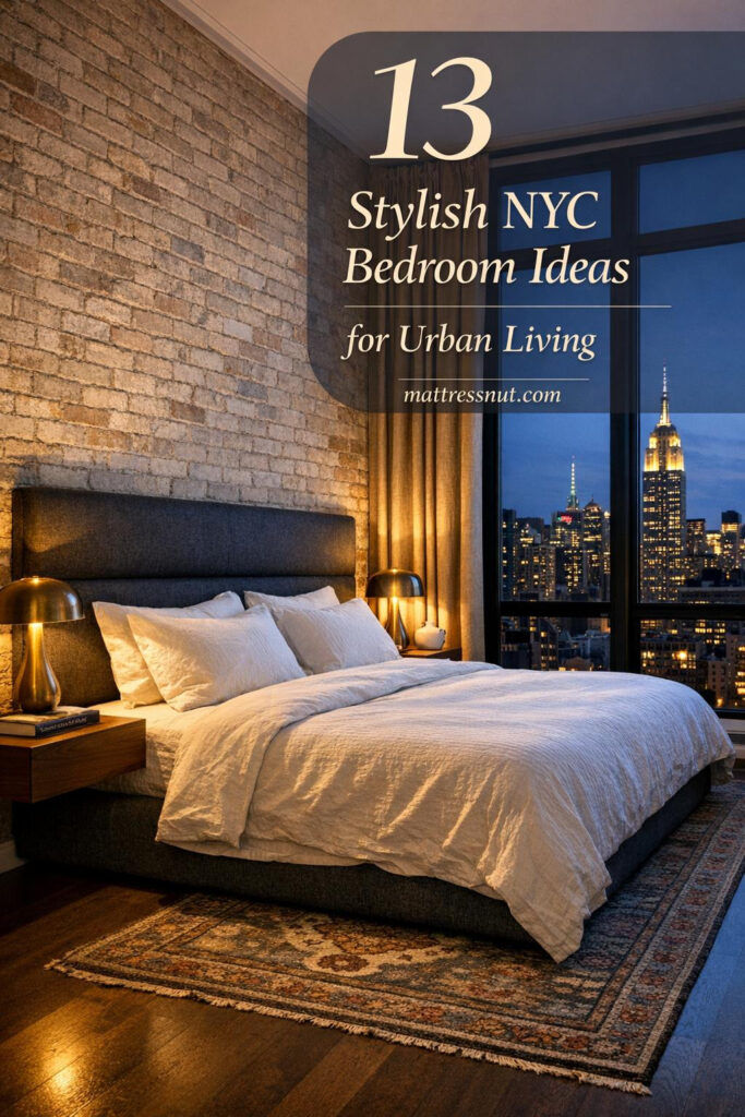 Sophisticated New York City bedroom featuring floor-to-ceiling windows with dusk skyline view, charcoal linen headboard, white cotton bedding, walnut nightstands, brass lamps, greige brick wall, vintage Persian runner, blackout drapery, minimal styling with book and ceramic vessel, warm lighting contrasting cool twilight, overlaid text '13 Stylish NYC Bedroom Ideas for Urban Living' from mattressnut.com.