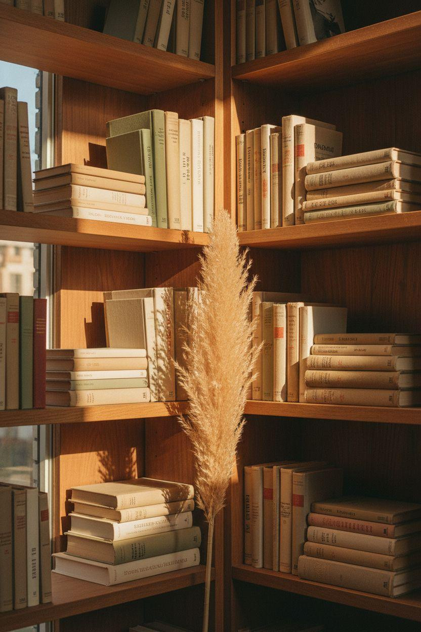 Corner bookshelf - aesthetic vintage books in sunlit corner