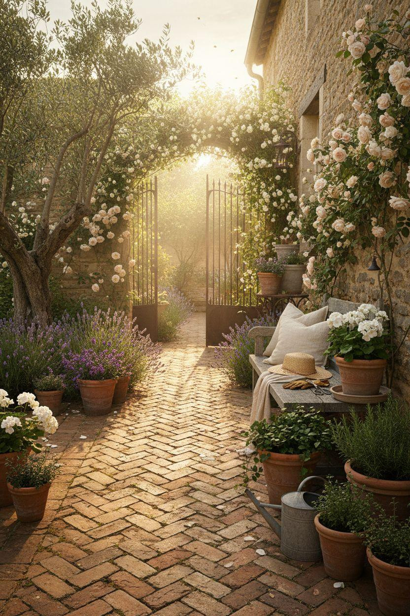 Cottage Garden French courtyard with olive tree