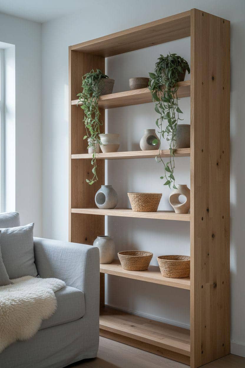 Shelf Decor Living Room - blonde ash wood shelves in Scandinavian living room with trailing plants