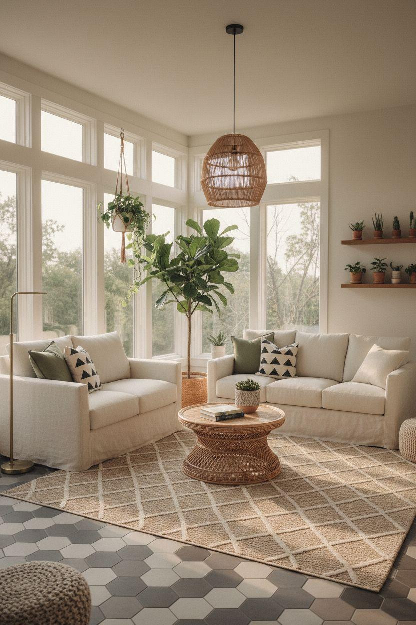 Sunroom ideas with hexagonal tile flooring and pendant light