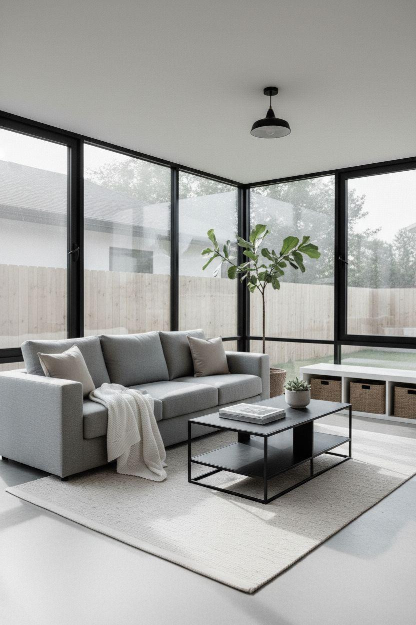 Sunroom ideas with minimalist gray sectional and clean lines