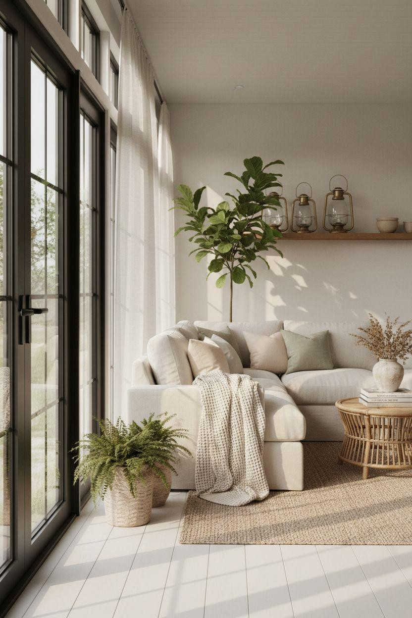 Sunroom ideas with black window frames and white-washed oak floors