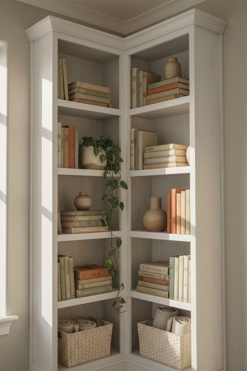 Corner bookshelf - tall white oak in Scandinavian reading nook