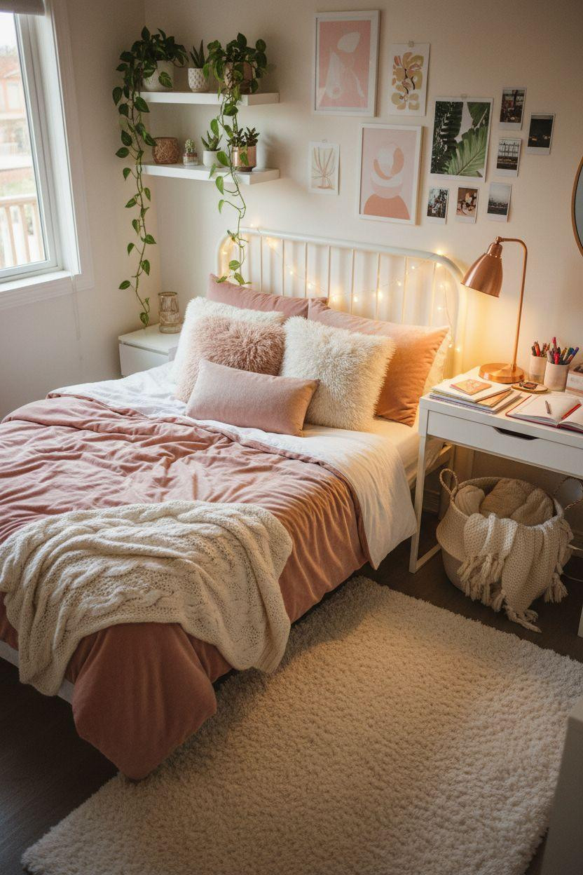 dreamy teen bedroom with fairy string lights wrapped around white metal headboard frame