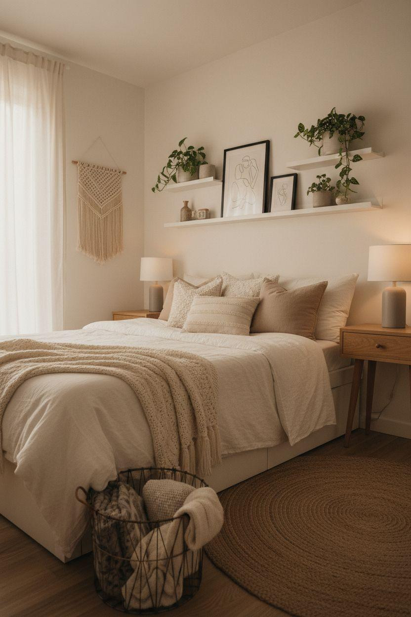minimalist teen bedroom with cream linen bedding natural oak shelf and brass desk lamp