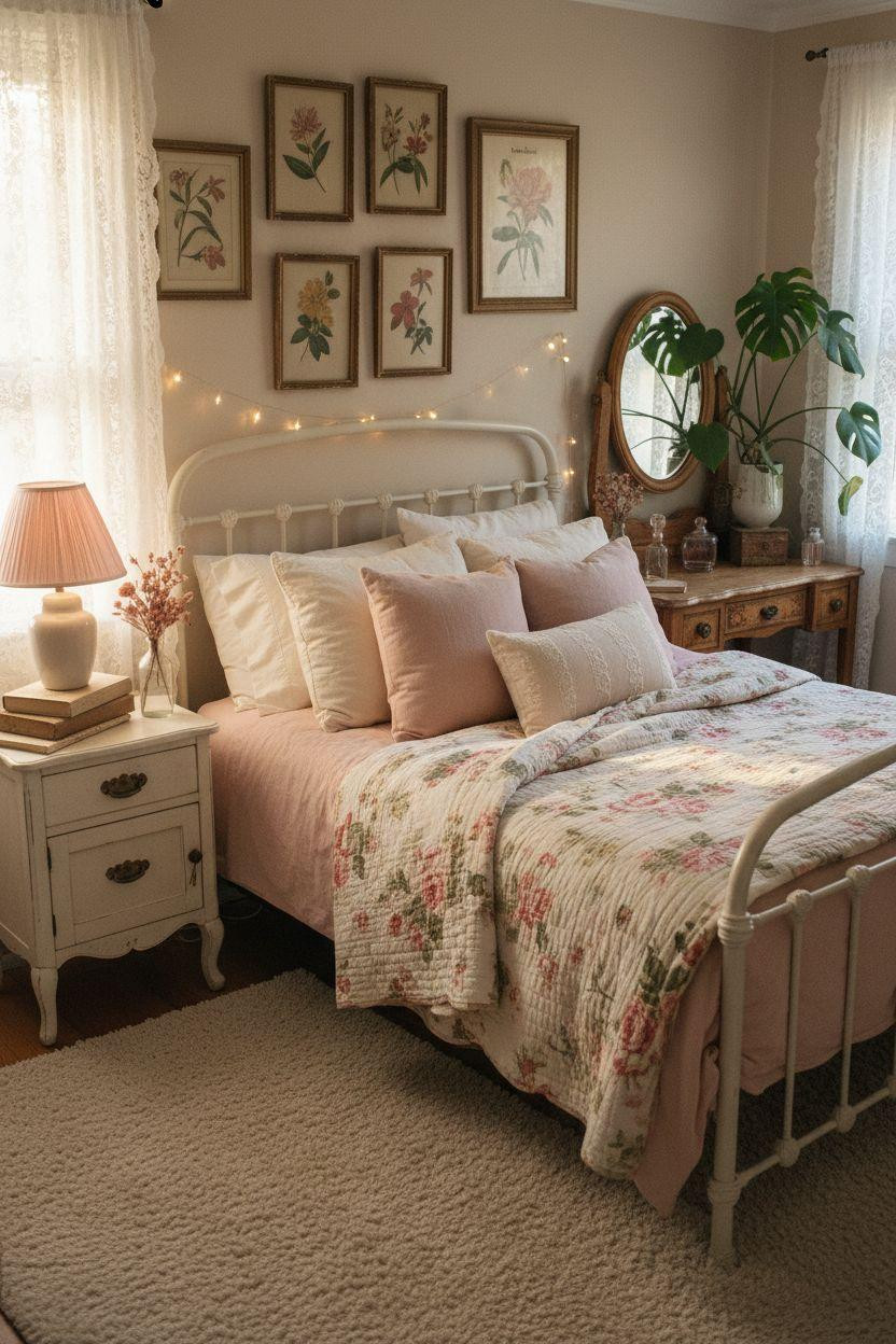 teen bedroom with white iron bed frame vintage floral quilt and botanical gallery wall