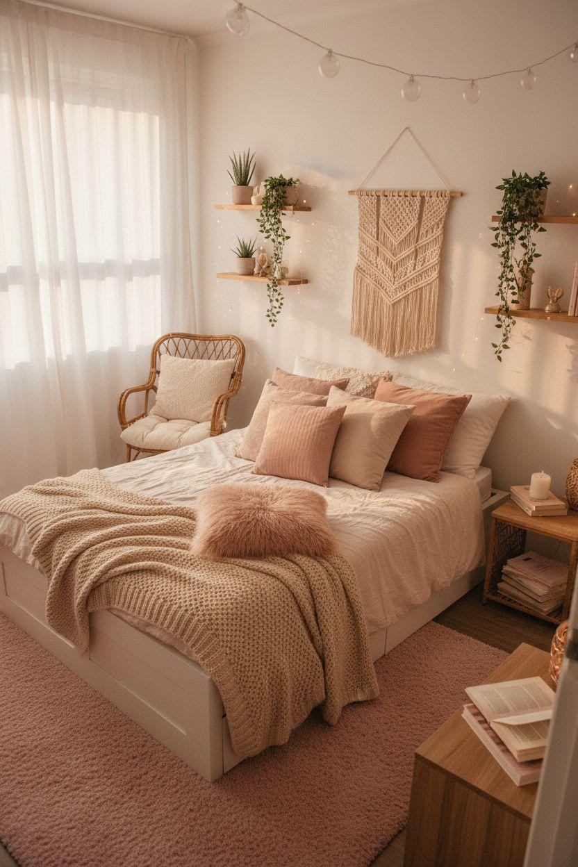 cozy teen bedroom with chunky knit blanket faux fur pillow and macrame wall hanging