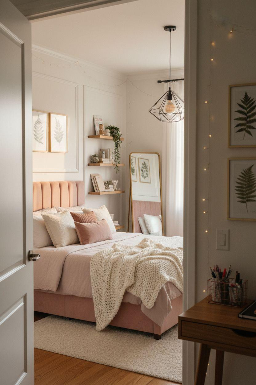 modern teen bedroom with white shiplap accent wall and blush upholstered bed frame