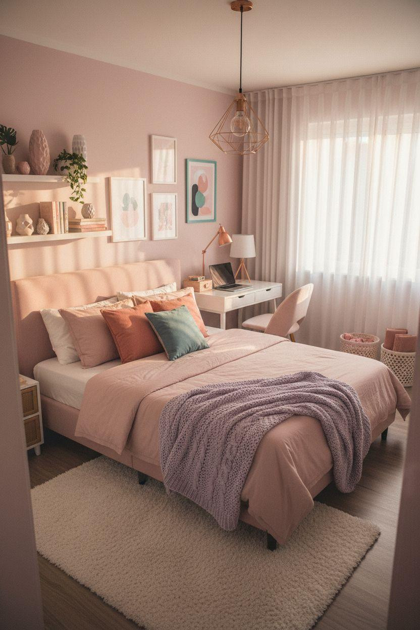 teen girl bedroom with brushed gold geometric pendant light and blush velvet bed