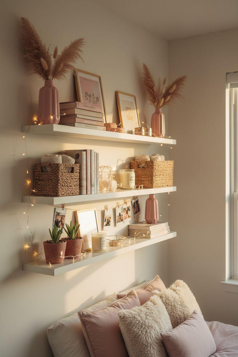 white floating shelves styled with pink vases dried pampas and polaroid photos above blush bed