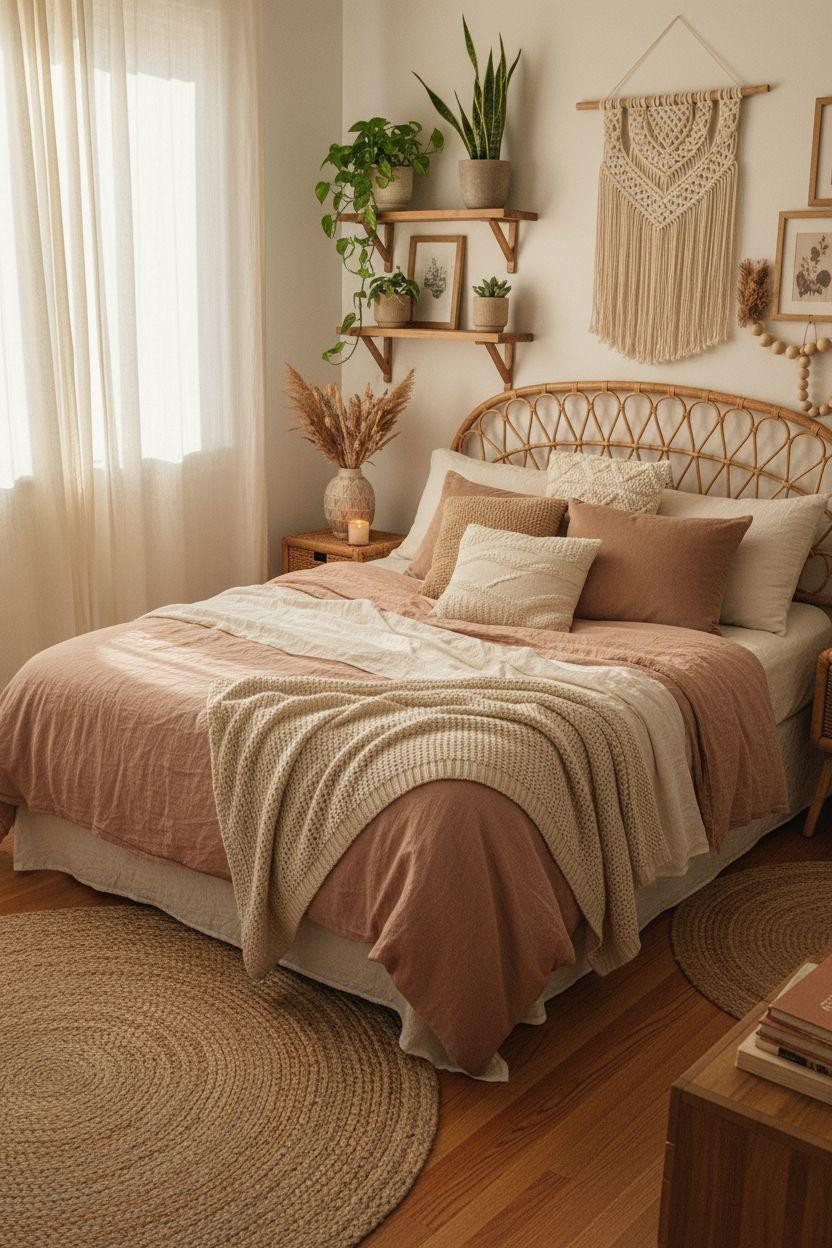 curated teen bedroom with woven rattan headboard and layered pink linen bedding