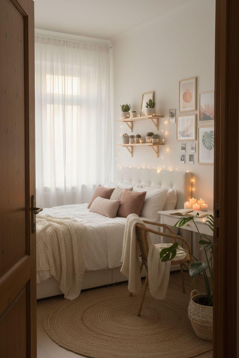 serene teen girl bedroom viewed through doorway with white bedding and floating wood shelves