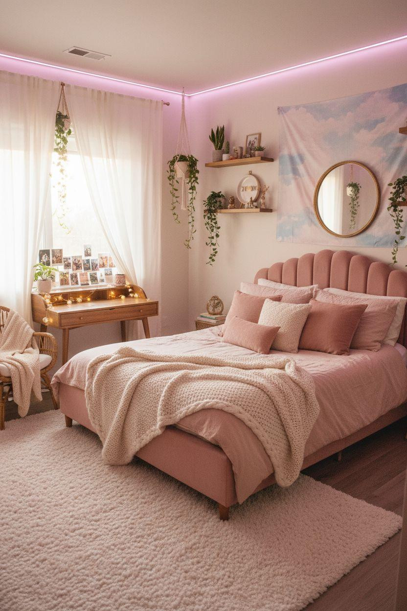 vibey teen bedroom with soft pink LED ceiling lights and plush velvet bedding