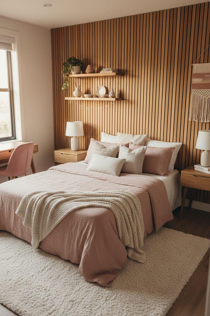 modern teen bedroom featuring natural oak wood slat accent wall behind blush pink bed