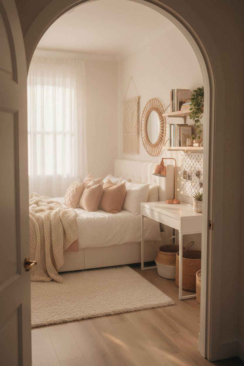 warm teen girl aesthetic bedroom with cozy blush bedding and wooden accents near doorway