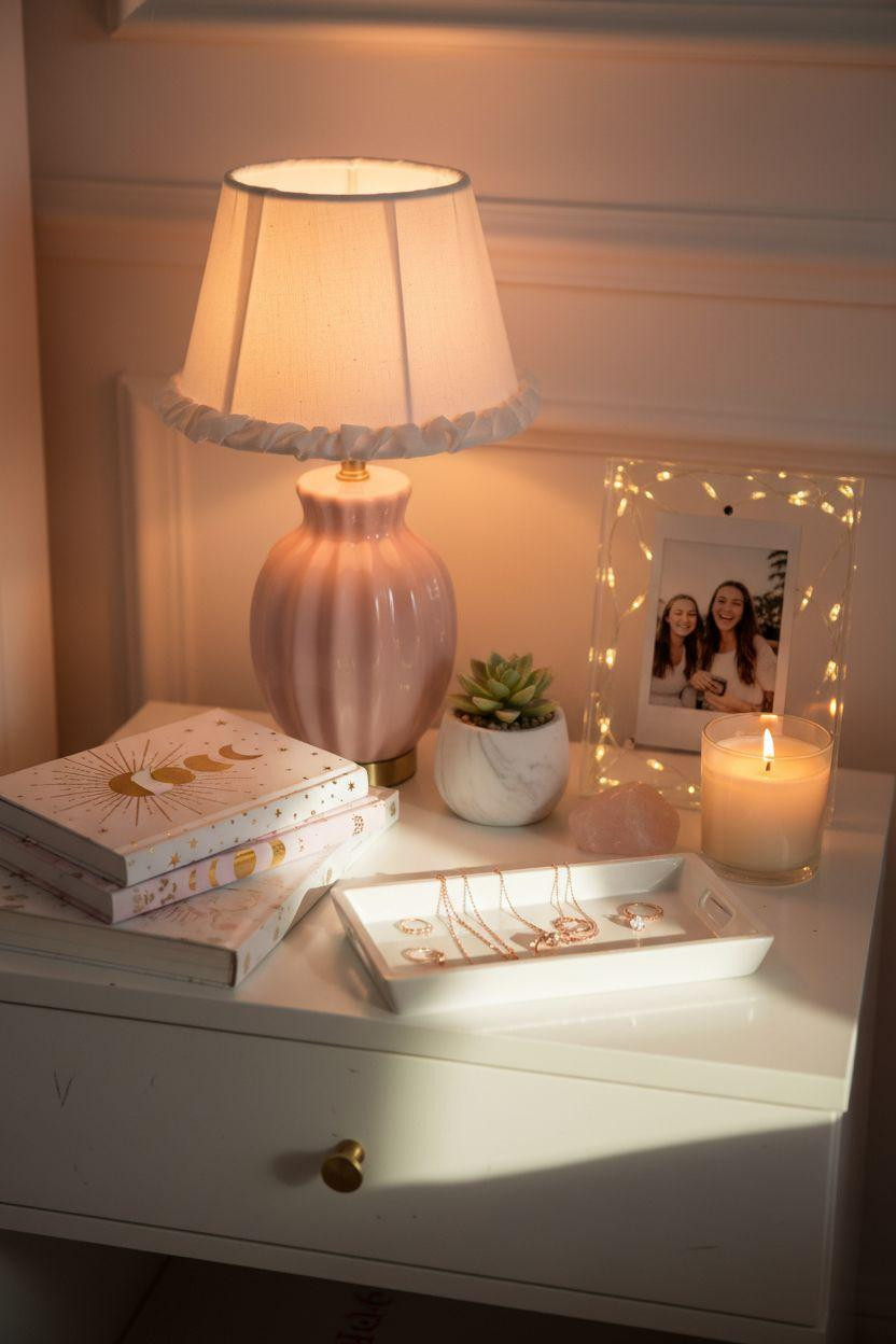styled teen girl nightstand with pink ceramic lamp ruffled shade and gold journal stack
