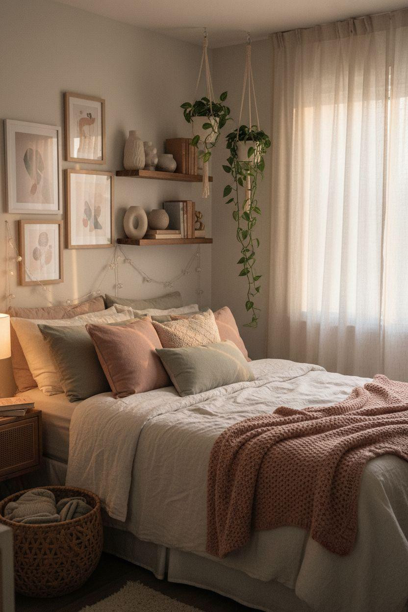 teen bedroom with sage green accent pillows chunky knit throw and rattan nightstand
