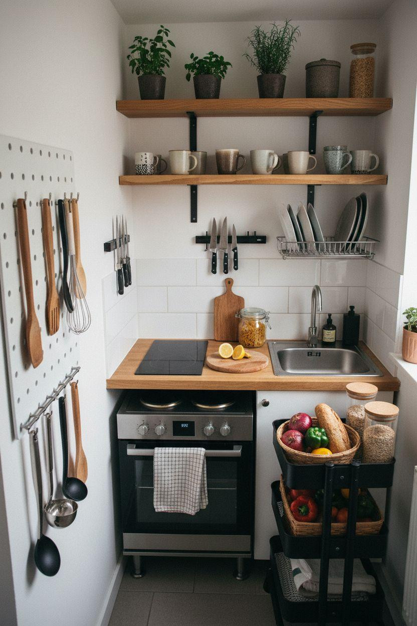 tiny kitchen ideas on a budget with pegboard organization