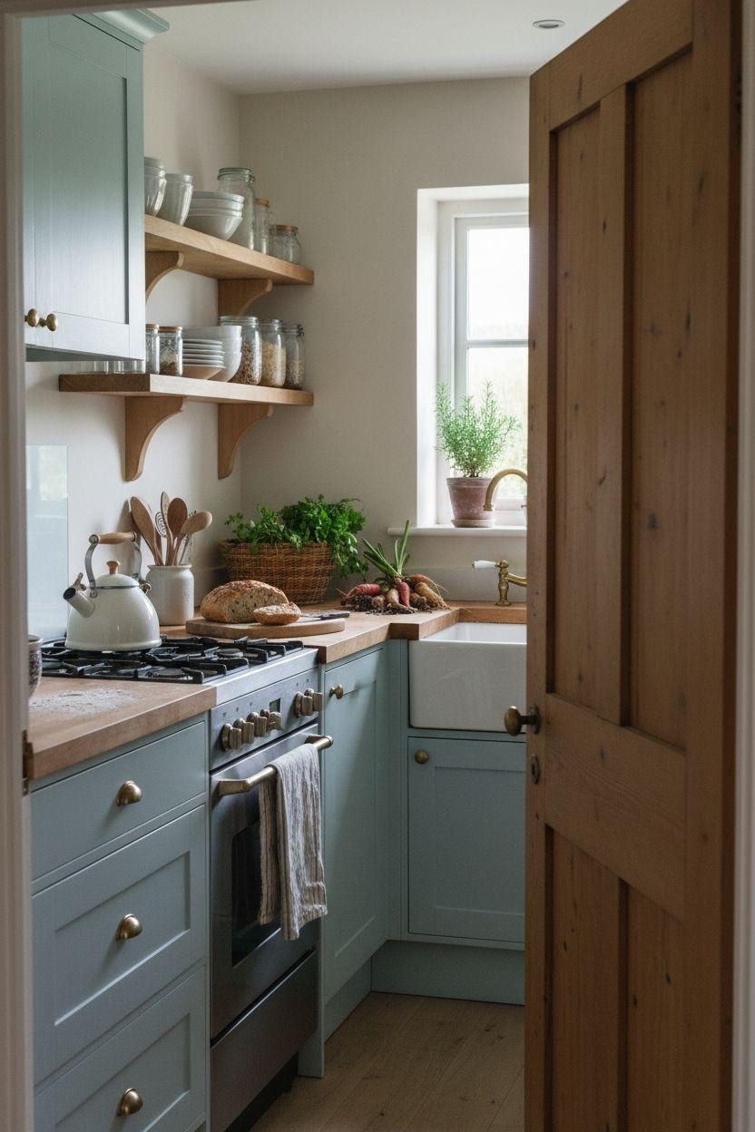 Tiny cottage galley kitchen with pale blue shaker cabinets