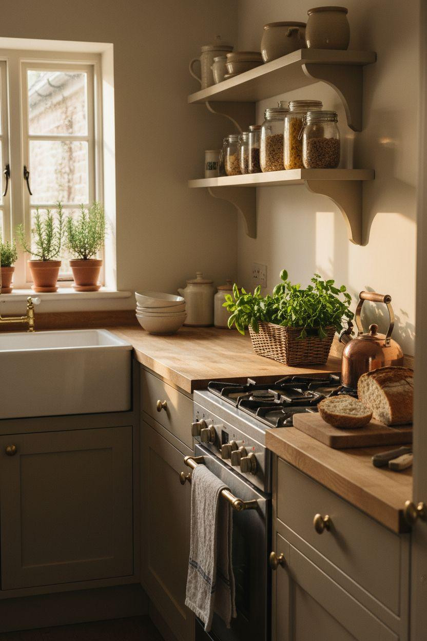 Tiny cottage kitchen with beige cabinets and natural wood counters