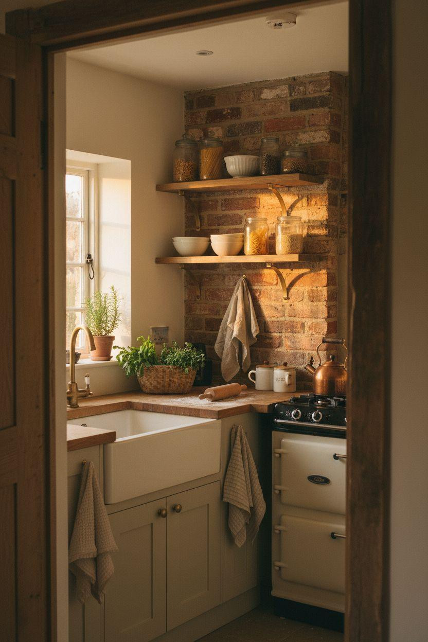 Tiny Farmhouse Kitchen with brick accent wall