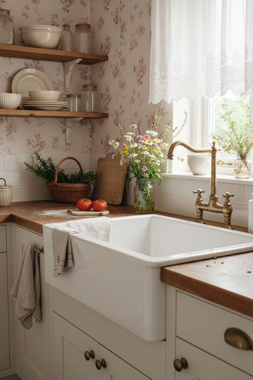Tiny cottage kitchen with floral wallpaper and white farmhouse sink